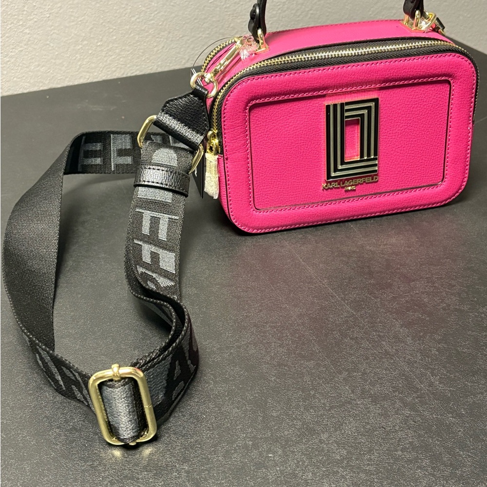Karl Lagerfeld Fuchsia Crossbody Bag with Black Strap